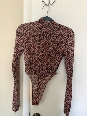 House of CB Mauve and Dark Brown Leopard Print Long Sleeve Mock Neck Bodysuit